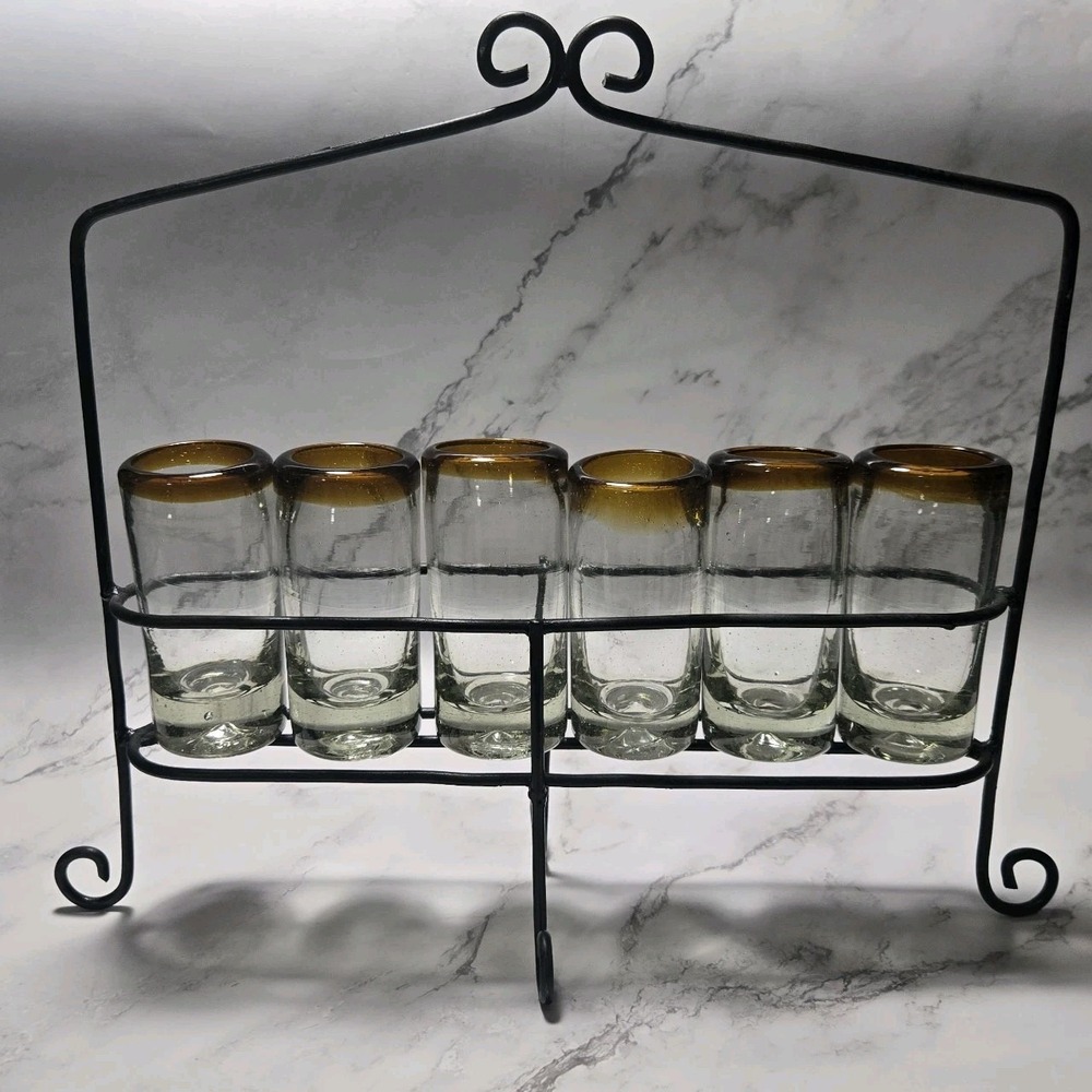 Hand Blown Mexican Tequila Shot Glasses‎ w Caddy Set of 6
